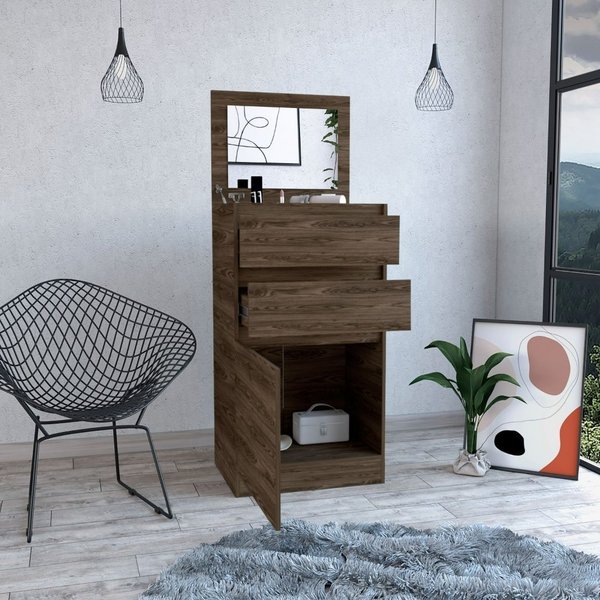 Tuhome Kamelot Dresser With Jewelry Box, Single Door Cabinet, Mirror, Two Drawers, Dark Walnut JLC6742
